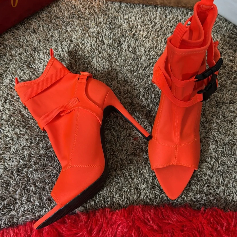 Nice Neon Orange Open Toe Heels - Picture 2 of 7